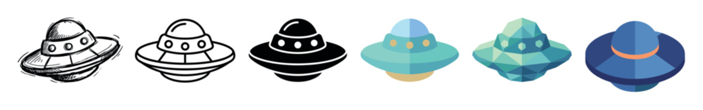 UFO spaceship flying saucer icons in various styles including sketch, outline, glyph, flat, isometric, and low poly vector illustration set