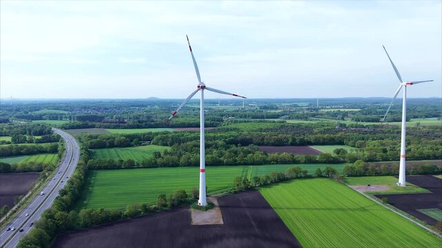 Wind Power Across the Countryside. Drone view