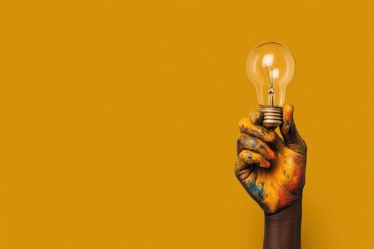 hand holding a light bulb with colorful paint