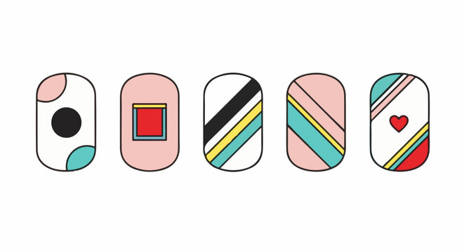 Five rounded rectangles with playful abstract color block designs
