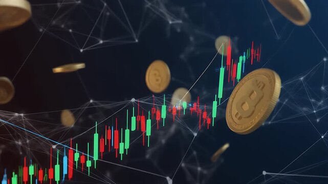 Fluctuating cryptocurrency values displayed on a dynamic graph with coins.