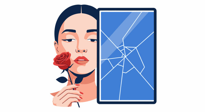 Fragmented reflection Woman holding a rose beside a cracked blue screen