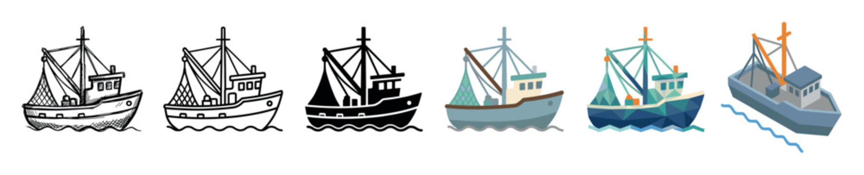 Fishing boat trawler vessel icons in various styles including sketch, outline, solid, flat, low poly, and isometric vector illustration