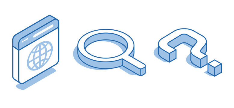 Isometric vector set of linear icons of a magnifying glass next to an internet browser window and a question mark on a white background, searching for information on the internet