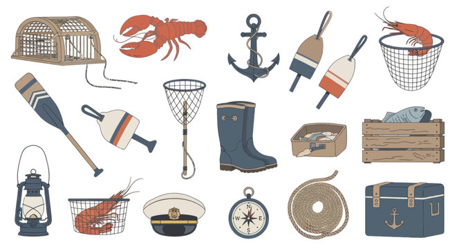 Hand-drawn Fishing and Nautical Equipment Vector Collection with Lobster, Shrimp, Boat Gear  Tools
