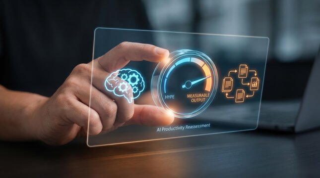 AI Productivity Reassessment - A hand adjusts a productivity gauge between AI and workflows, illustrating the contrast between artificial intelligence hype and real output in a clean interface.