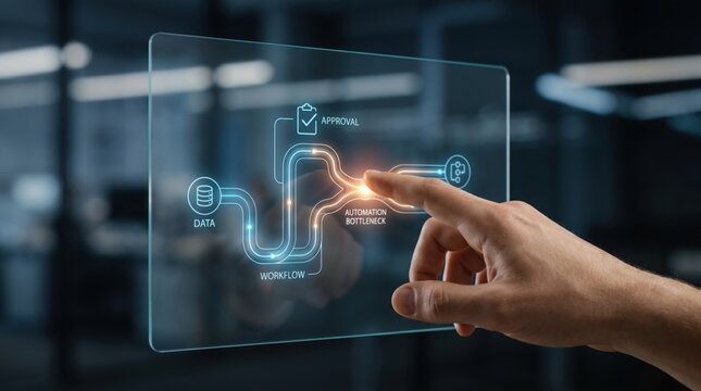 AI Productivity Reassessment - A hand interacts with a digital interface, highlighting an AI process encountering a bottleneck, symbolizing automation challenges in a modern, minimal UI.