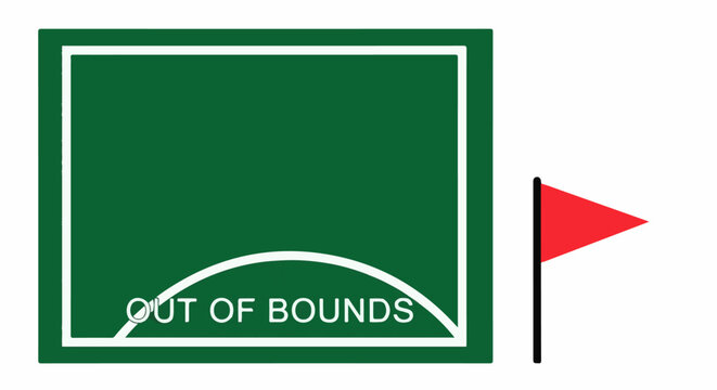 Green field marker with red flag and text OUT OF BOUNDS