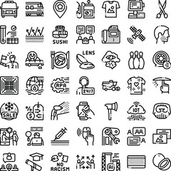 Fototapeta premium Set of line icons presenting diverse services, industries, and lifestyle elements, covering technology, daily life, and social themes in a versatile black and white style
