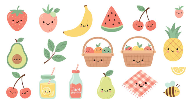 Cute Kawaii Fruits  Food Vector Illustrations, Flat Design, Cartoon Style