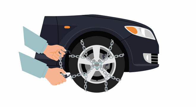Hands attaching chains to a car tire for winter traction