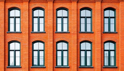 Obraz premium Classic Red Brick Wall with Arched Windows Reflecting Modern Architecture Style in Urban Setting