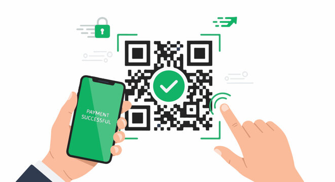 Hands interact with QR code and phone for successful payment confirmation
