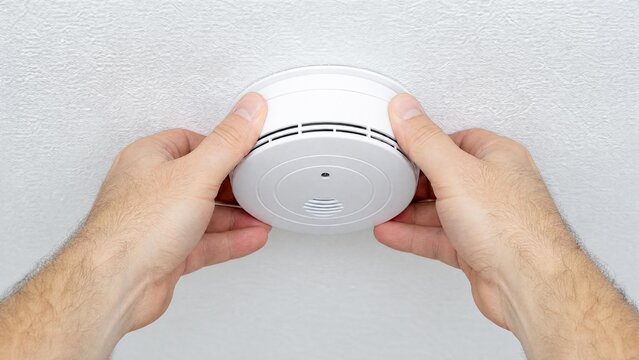 Man Installing Smoke Detector Fire Alarm on Ceiling for Home Safety