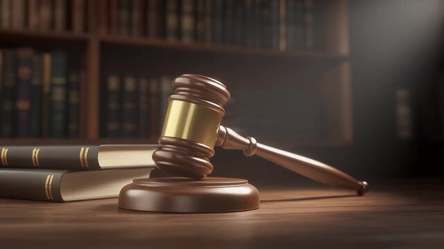 A gavel rests on a sound block beside law books in a courtroom.