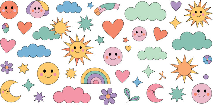 Retro groovy sticker set with happy smiley faces sun clouds rainbows hearts and stars in pastel colors for nostalgic y2k aesthetic vector illustration