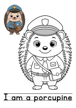 Cartoon porcupine police officer, hedgehog character, animal costume