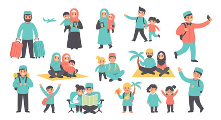 Fototapeta premium Flat Illustration Vector Set of Happy Muslim Families Traveling and Enjoying Leisure Activities