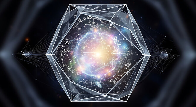 Abstract geometric structure with mathematical formulas and glowing nebula inside a crystal prism