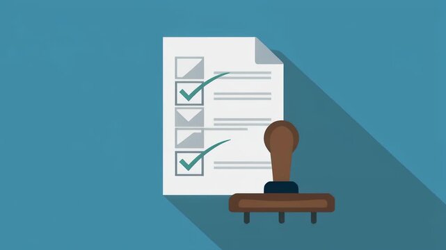 An illustration shows a rubber stamp approving a checklist on a document with green checkmarks.