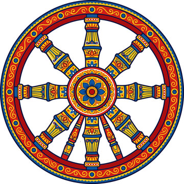 Dharmachakra wheel symbol in vibrant colors with intricate patterns on a white background