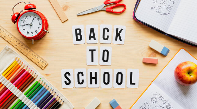 Back to school supplies on wooden table with clock and notebook, supplies