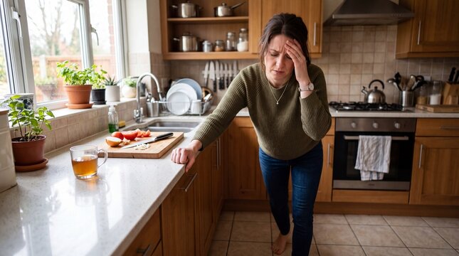 Woman experiencing dizziness and vertigo in kitchen, holding head and leaning on counter for support, feeling unwell and distressed, surrounded by home kitchen environment