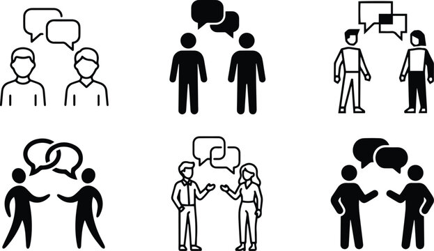 People conversation icon set showing two speakers dialogue discussion communication and social interaction for business meetings in black white vector style