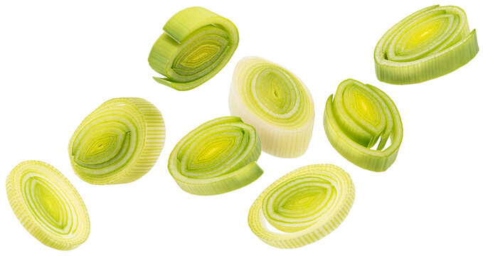 Leek slices isolated on white background with clipping path