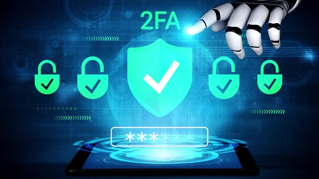 Futuristic Cybersecurity Concept with 2FA Protection, Lock Symbols, and Robot Hand Interacting with Digital Interface Technology Gluon.