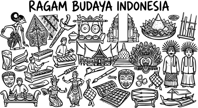 Black  White Line Art Doodle of Indonesian Culture Diversity, featuring Traditional Objects, People, Architecture, Music, and Food Icons for Heritage and Travel Themes