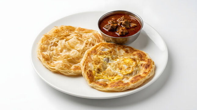 Crispy and flaky Singapore Roti Prata flatbread served with spicy dipping curry, isolated perfectly on a plain white background