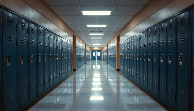 A long, empty school hallway lined with rows of blue student lockers on both sides, with a shiny floor and fluorescent lighting.