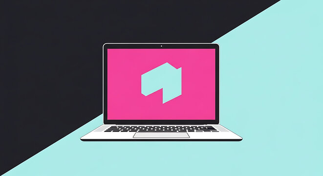 Modern laptop computer with a pink screen displaying a geometric shape icon