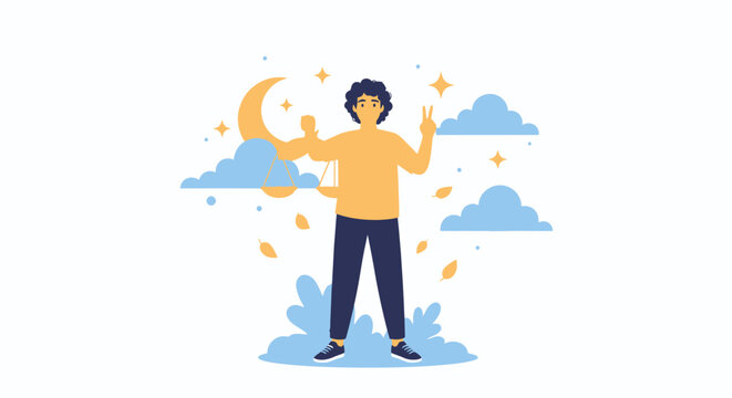 Man Holding Balance Scale and Peace Sign Flat Vector Illustration