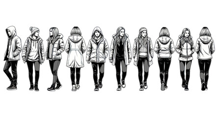 Diverse Young People Winter Fashion Line Art Vector Set © mbendo
