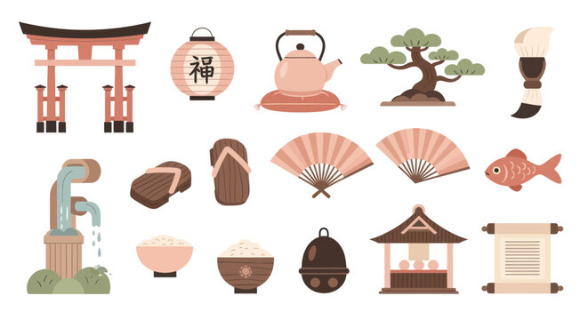Japanese Culture Flat Vector Icon Set. Traditional Asian Symbols: Torii Gate, Bonsai, Teapot, Fans, Rice, Shrine Elements
