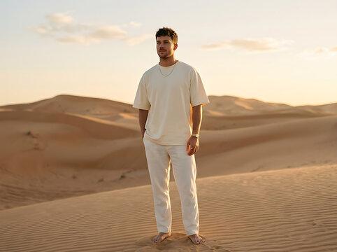 Calm man in minimalist cream clothing standing in a vast, sun-drenched sand desert at sunset, embodying peace and nature.