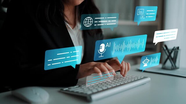 Modern digital workspace with artificial intelligence technology integration, showcasing hands typing on a keyboard with vibrant communication symbols Gluon.