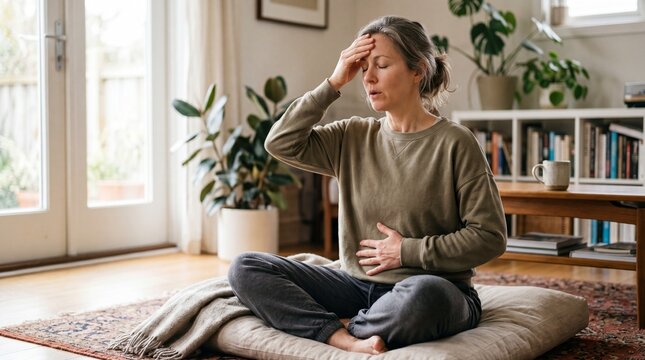 Woman meditation breathing exercise relaxation indoor, mindfulness practice calm peaceful home wellness recovery healing, natural light living room plants