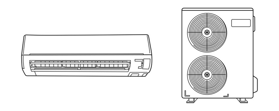 Hand drawn line of air conditioner vector illustration .Linear icon collection. Air condition split system set isolated on white background. Editable stroke. 