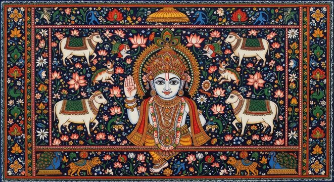 Vibrant Indian Folk Art Depicting Lord Krishna with Animals and Floral Motifs.