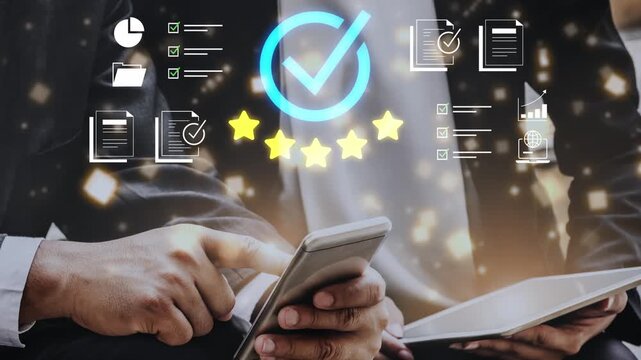 Business professionals engaging in digital task management with checklists, mobile devices, and visual efficiency aids, showcasing productivity concepts and teamwork dynamics. Gluon.