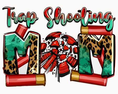 Confident mom aiming shotgun during trap shooting with flying clay targets in outdoor sport style