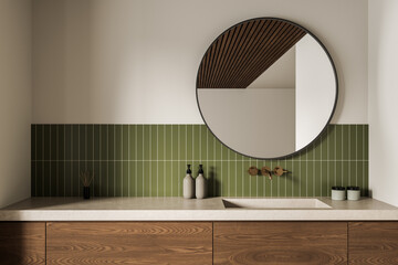 Fototapeta na wymiar Modern bathroom interior with round mirror, green vertical tiles, wooden vanity, minimal accessories, warm light ambiance. 3D Rendering