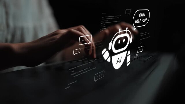 Human hands interacting with computer keyboard alongside digital chatbot interface displaying AI-related assistance messages and conversation bubbles Gluon.