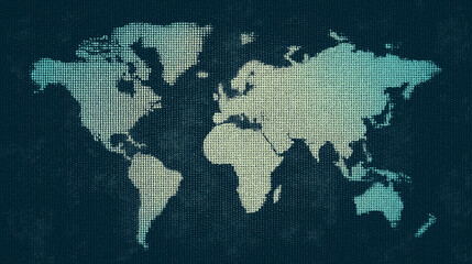 Fototapeta premium : Woven World — Halftone Dot World Map on Dark Teal Textured Background Depicting Globalization, International Trade and Cross-Border Connectivity