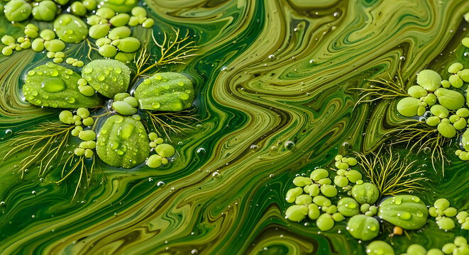 Close-up of floating green algae and water surface patterns with abstract patterns close-up ecosystem