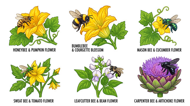 A vibrant illustration of various bees collecting nectar from different colorful flowers in a lush garden scene with insects and plants thriving together.