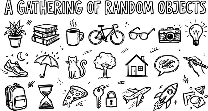 Black and White Line Art Drawing of Random Objects Collection - Business, Education, Travel, Lifestyle
